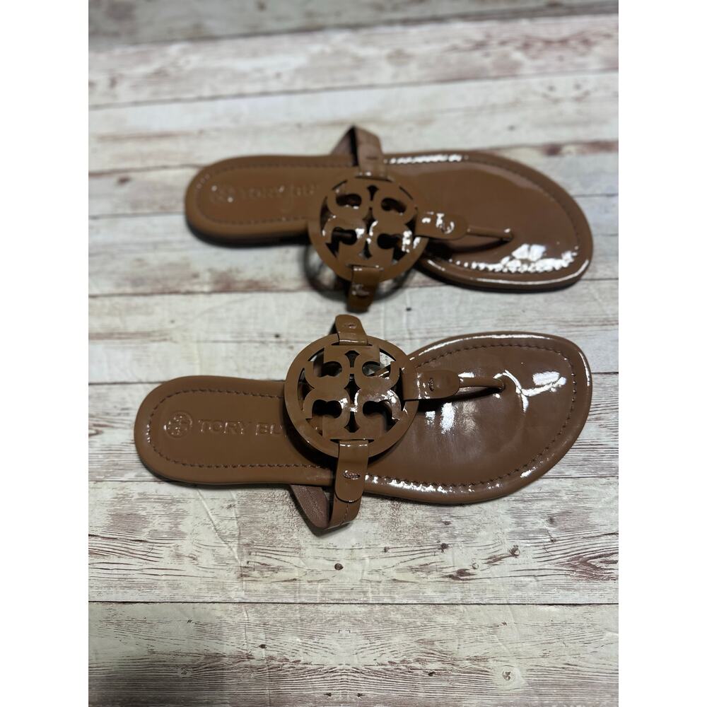 Tory Burch Miller Sandals Tan Patent Leather Women's Size 9.5 M Flats Neutral - Picture 2 of 8